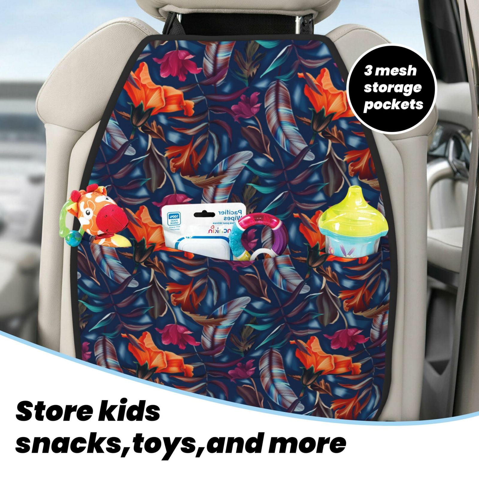Xecao Tropical Flower Pattern Car Seat Back Protector 2 Pack Large Capacity Pocket, Kick Mats Back Seat Protector
