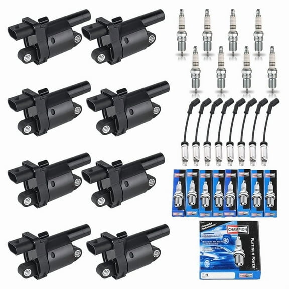 ISA 8 Ignition Coil and 8 Champion Platinum Spark Plug with Wire Set For Chevrolet Cadillac GMC Suburban Express Silverado CTS Sierra Savana Camaro Avalanche Colorado Replacement for UF414
