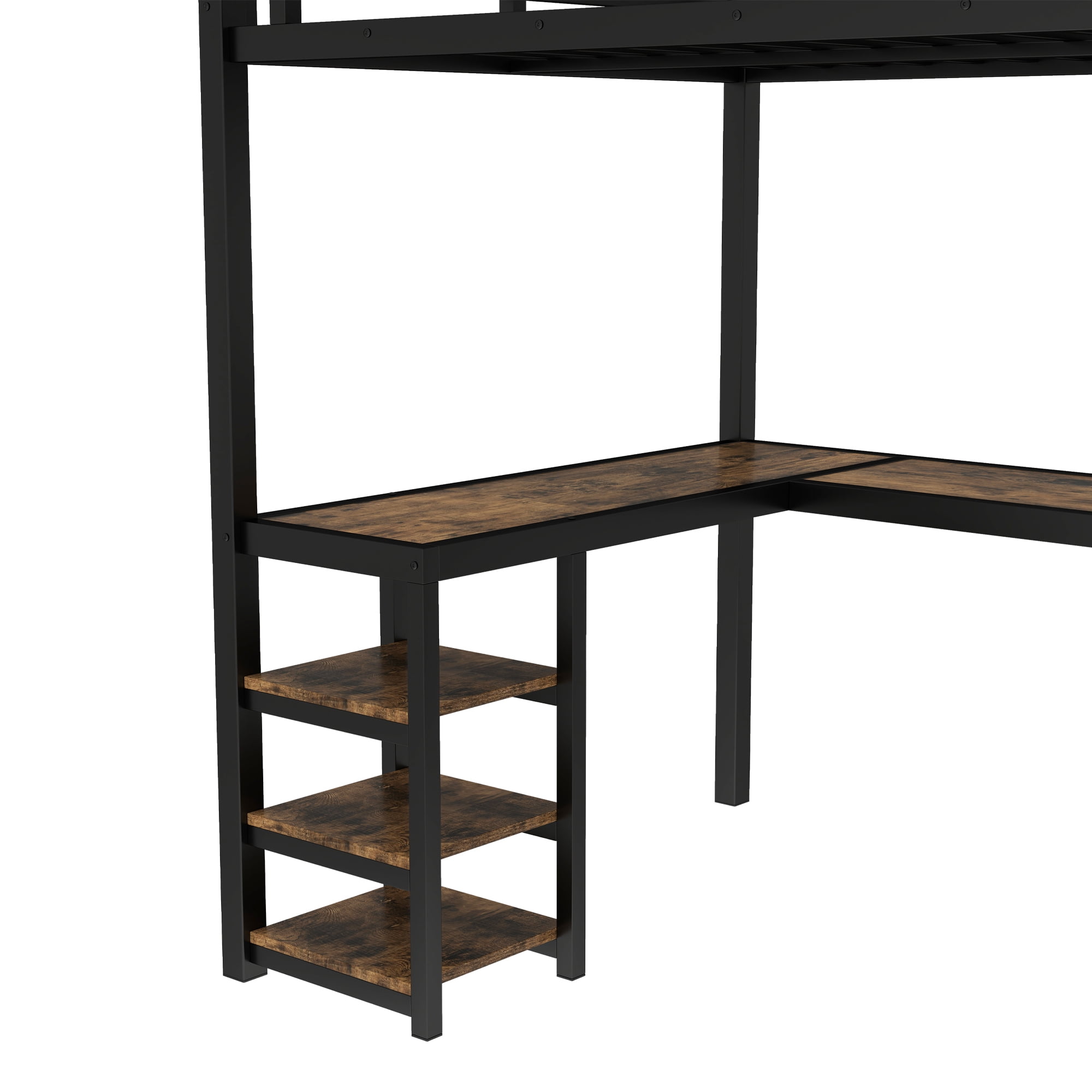 Mintazer Twin XL Loft Bed with Desk & 6 Shelves, Metal Bed Frame with Ladder and Guardrails for Kids Teens Bedroom Playhouse, Black