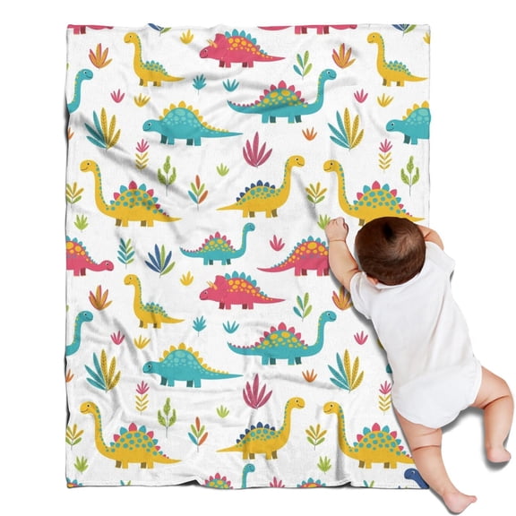 White Cartoon Dinosaurs Plants Pattern Blanket,Comfortable Soft Flannel Throw Blanket,All Season,Warm Lightweight Blankets for Sofa Bed Couch Living Room Chair,30"x40"