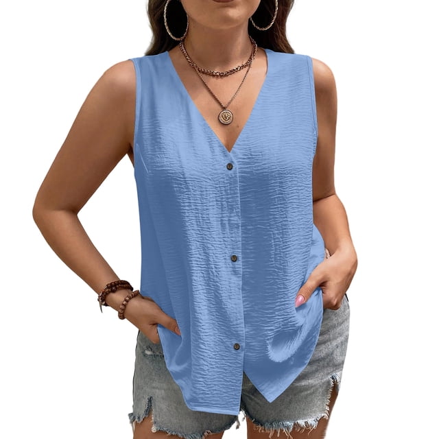 Tops de Color Sólido para las Mujeres Botón Cuello Redondo 3/4 Manga Blusa Casual, las Mujeres de Entrenamiento Tops Suave Transpirable