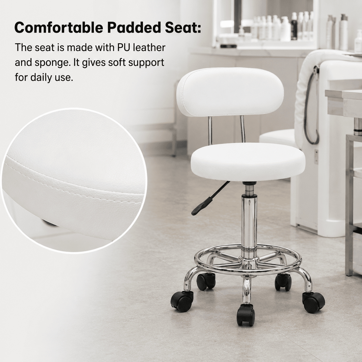 Alvantor Adjustable Height Salon Stool with Backrest and Rolling Wheels, White