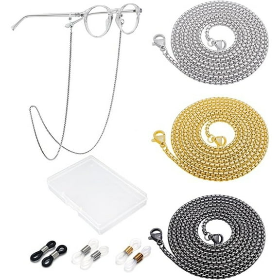 3-Pack Fashionable Stainless Steel Eyeglass Chains, Adjustable Glasses Straps Holder for Women & Men, Anti-Slip Neck Cord for Reading Glasses & Sunglasses (Great Gift Idea)