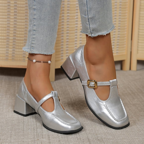 HTHLVMD Women's Mary Jane Heels, T-Strap Block Heel Shoes, Vintage Style Pumps, Everyday Work Shoes, Dressy Work Shoes, Women's T-Strap Mary Jane Pumps, Block Heel, Round Toe Dress Shoes, Silver 6.5