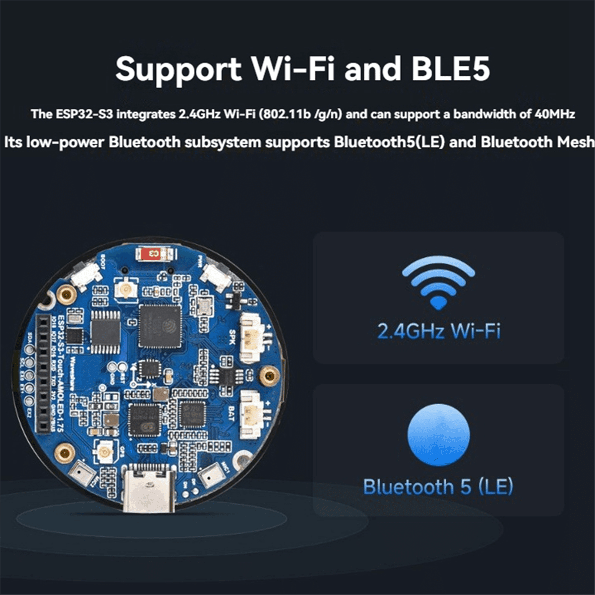 ESP32-S3 Development Board 1.75inch AMOLED Touchscreen with GPS Support XiaoZhi AI Voice Interaction,1 * Touchscreen 1 * Speaker 1 * GNSS Antenna