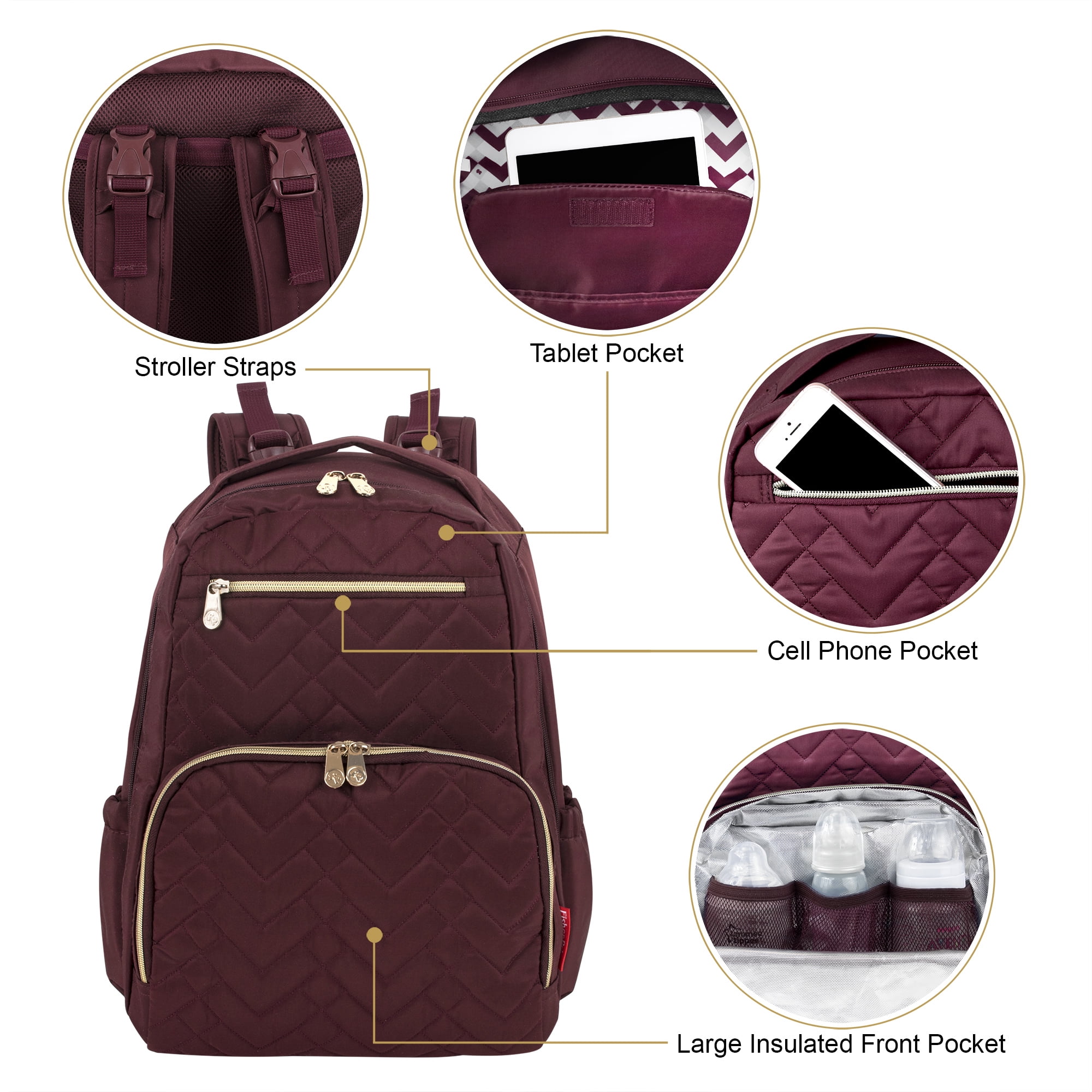 Fisher-Price 17”L Signature Morgan Quilted Multi-Pocket Diaper Bag Backpack with Matching Changing Pad, Insulated Bottle Pocket, Tablet Pocket and Stroller Straps in Burgundy