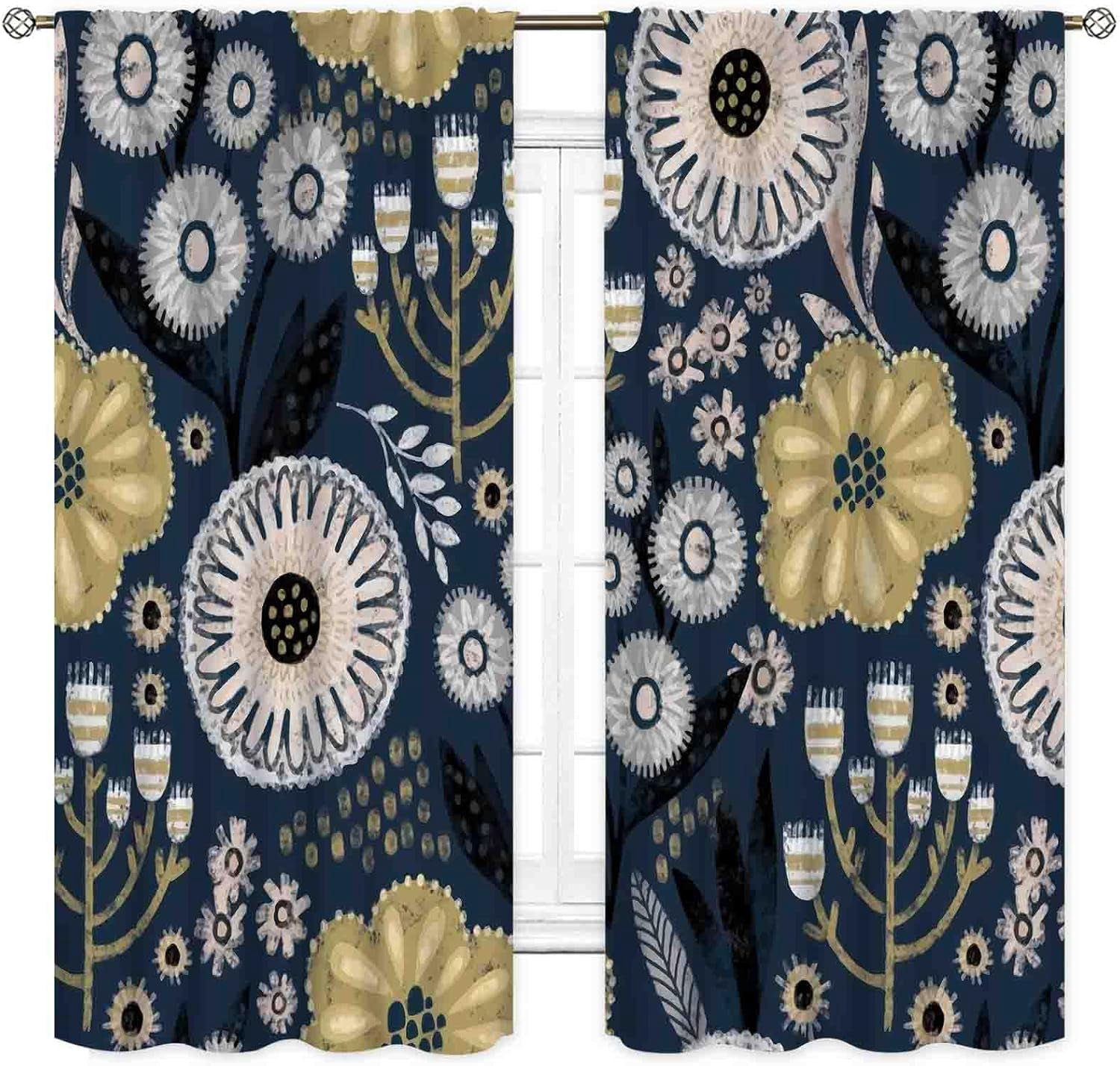 Boho Blackout Curtains, Retro Country Style Paisley Floral Mandala Indian Bohemian Wild Flower Navy Blue Window Curtains for Living Room Bedroom Kitchen Bathroom 2 Panels, 84"x63" Inch