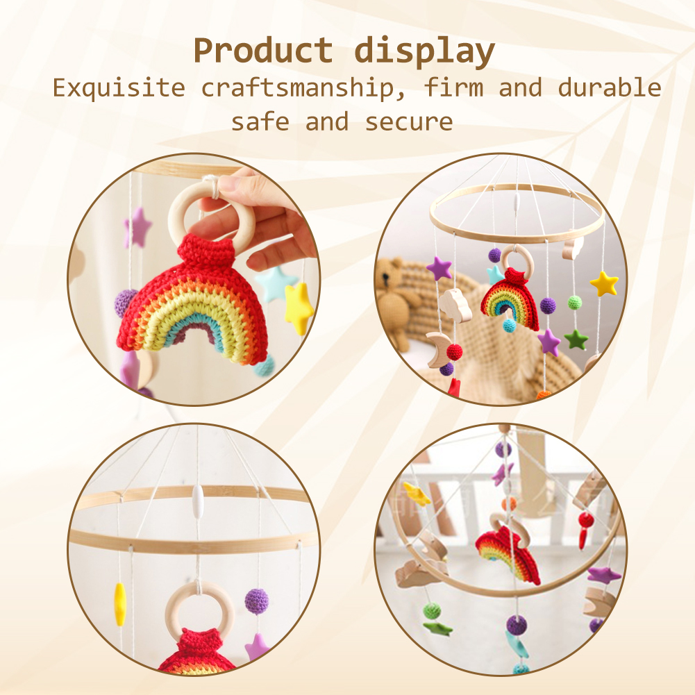 Wooden Baby Crib Bell – Rotating Wind Chime Mobile with Crochet Rainbow & Rocket Pendants, Soothing Hanging Toy for Newborns & Infants