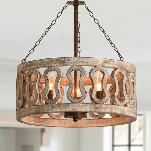Wood Pendant Light 3 Lights Chandelier with Adjustable Chain Farmhouse Lighting for Living Room Indoor