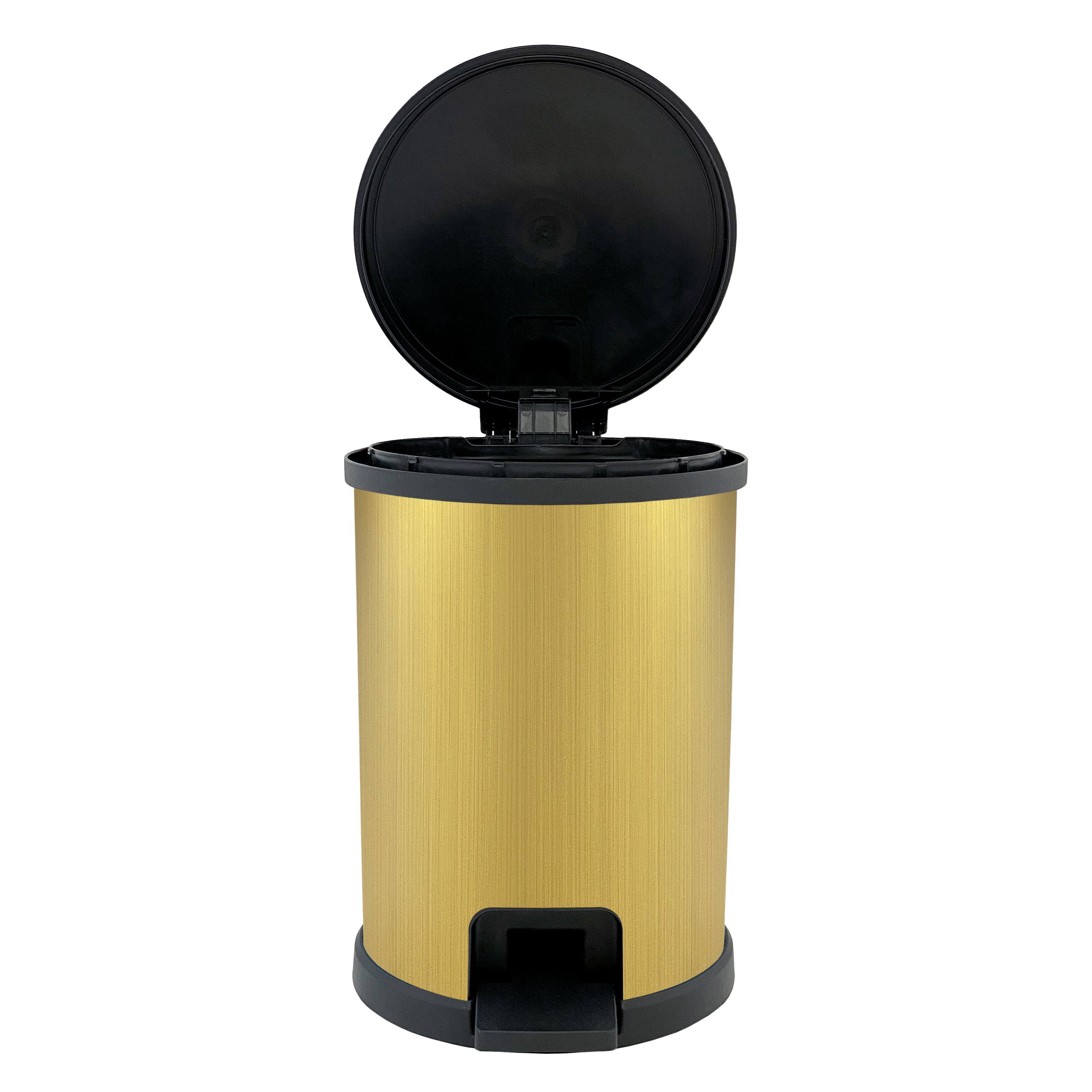 Mainstays 1.5 Gallon Trash Can. Plastic Round Step Bathroom Trash Can, Stainless Gold