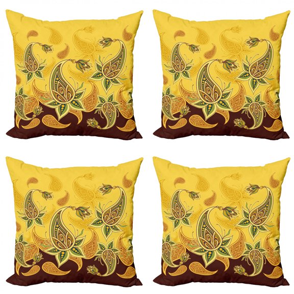 Paisley Throw Pillow Cushion Case Pack of 4, Folkloric Inspired Floral Ornaments Illustration, Modern Accent Double-Sided Print, 4 Sizes, Mustard Dark Rosewood, by Ambesonne