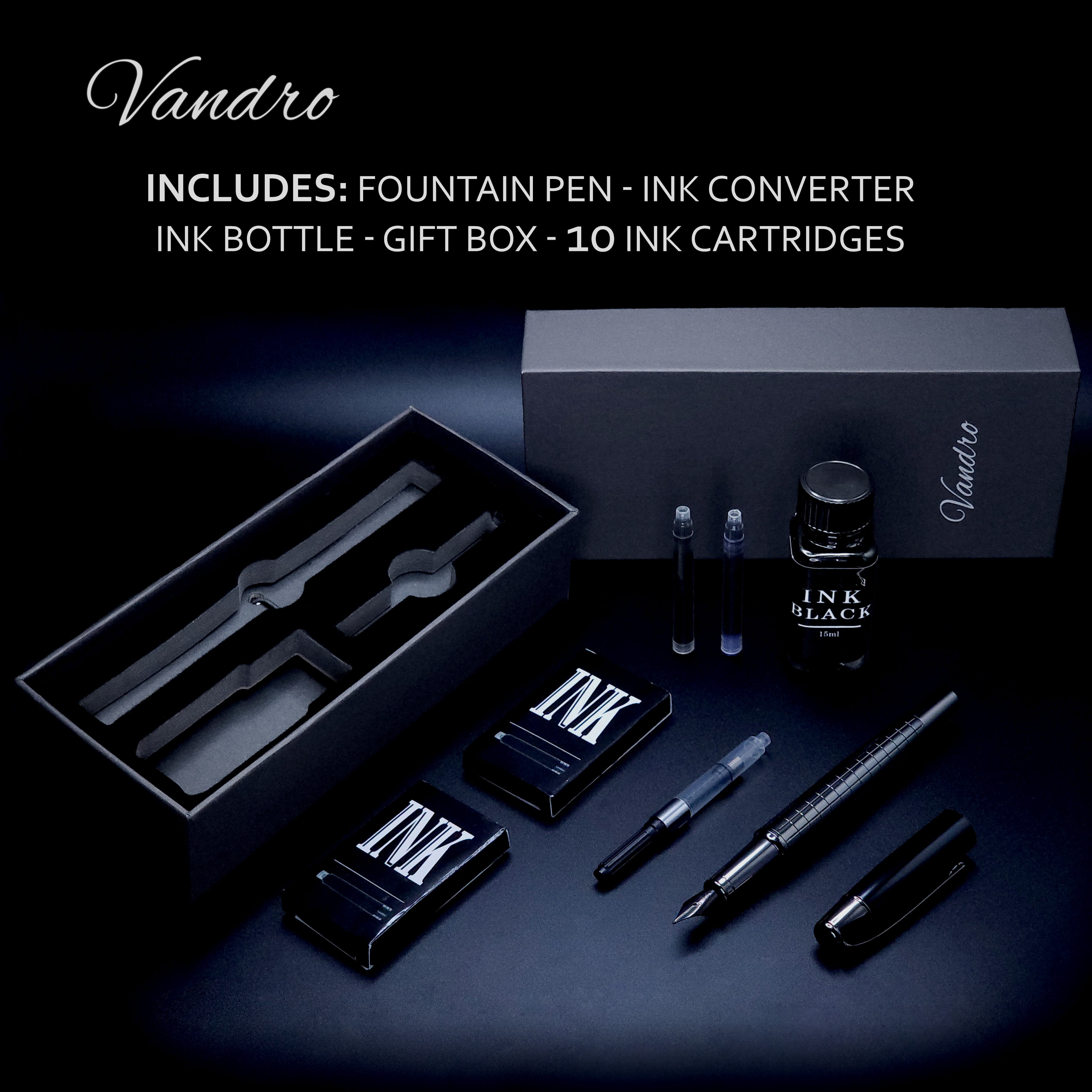 Vandro Complete Luxury Fountain Pen Set - Comfortable Grip with Smooth Fine Nib - Includes 10 Pack Ink Cartridges, Black Ink Bottle, Ink Refill Converter & Gift Box - Midnight Black