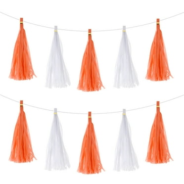 20Pcs Bright Orange, White Tassel Garland Banner w Rope for Wedding Birthday Party Decoration