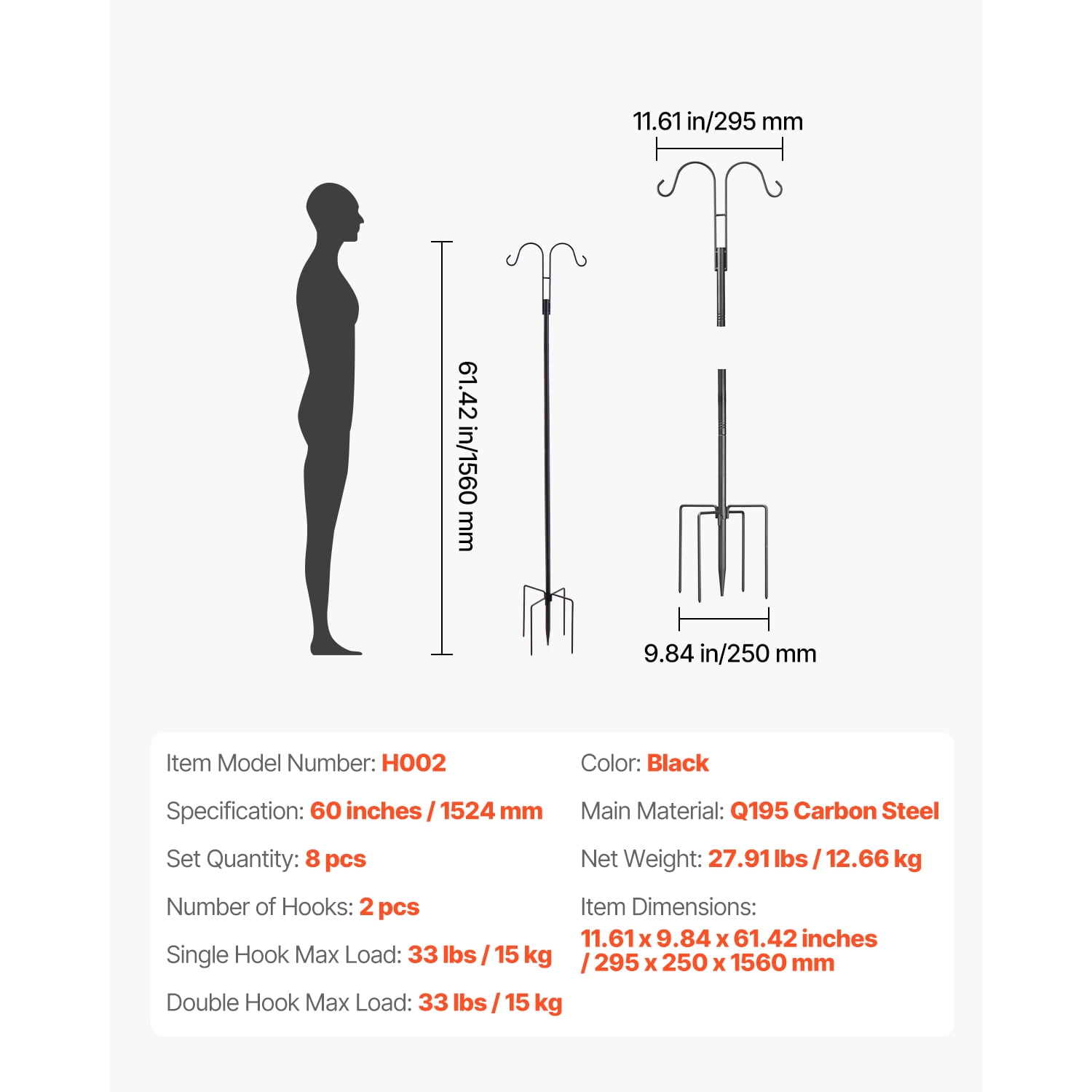 KFFKFF Double Shepherds Hooks for Outdoor Use, Set of 8, 60-Inch Sturdy Bird Feeder Poles, 3/4 Inch Thick Garden Hooks for Hanging Feeders, Plant Baskets, Solar Lanterns, and Wind Chimes