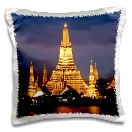 3dRose Wat Arun at dusk with boat on Chao Phraya River, Bangkok, Thailand - Pillow Case, 16 by