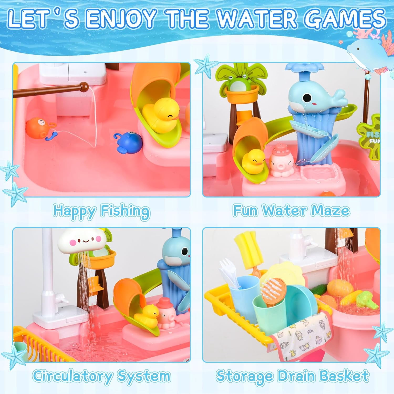 Upgraded Toddler Sand Water Table Toy with Electric Water Pump, Kids Sand Water with Faucet/Play Food Accessories/Fishing Toy, Kitchen Play Sink Toys for Girl Boy Age 3+