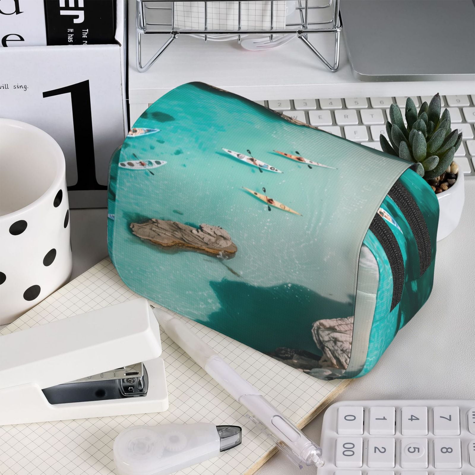 Rateoe Turquoise Beach Kayaking Pattern Double Clamshell Pen Case, Storage Organizer with Two Zipper Compartments– Holds Up to 50 Pencils & Pens