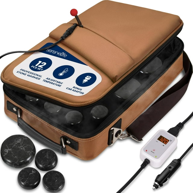 SereneLife Juego de calentador de piedras de masaje portátil – Kit de masajeador y calentador de piedras calientes de spa eléctrico con 6 piedras de masaje de basalto redondas grandes y 6 pequeñas con