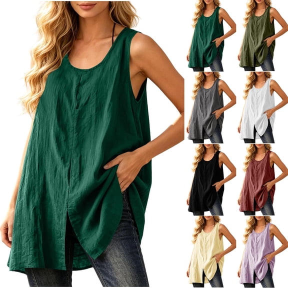 Aboser Oversized Linen Shirts for Women Classic Sleeveless Long Tank Tops Summer Scoop Neck Blouses Loose Beach Vacation Shirt