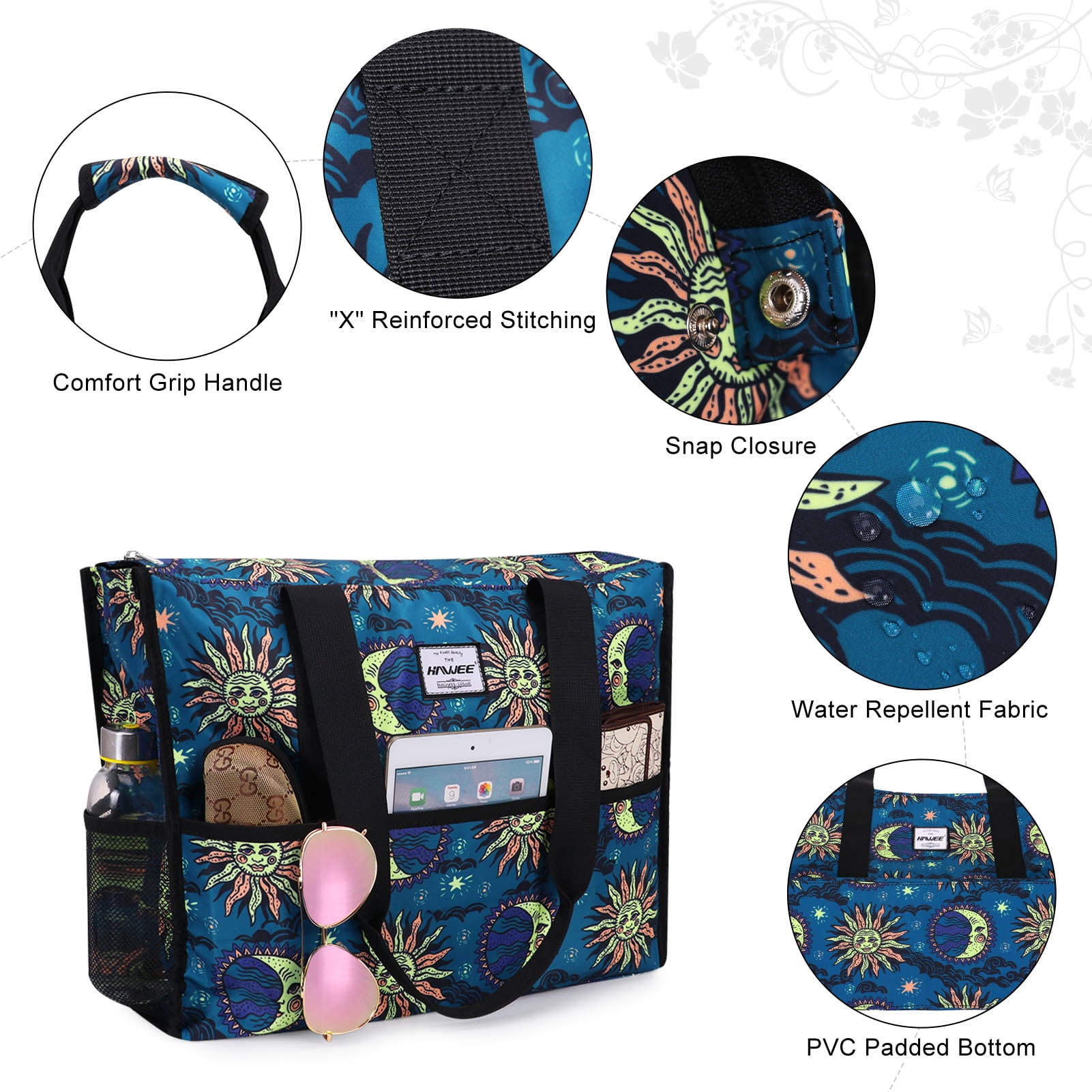 HAWEE Multi Pocket Tote Bag with Laptop Sleeve Large Multipurpose Organizer Bag for Teachers/ Nurses/ Doctor/ Traveller, Sun and Moon