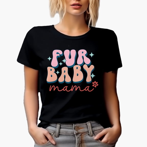 Fur Baby Mama feat. a Paw, Groovy Text Art Merch Gift, Black T-Shirt, Small