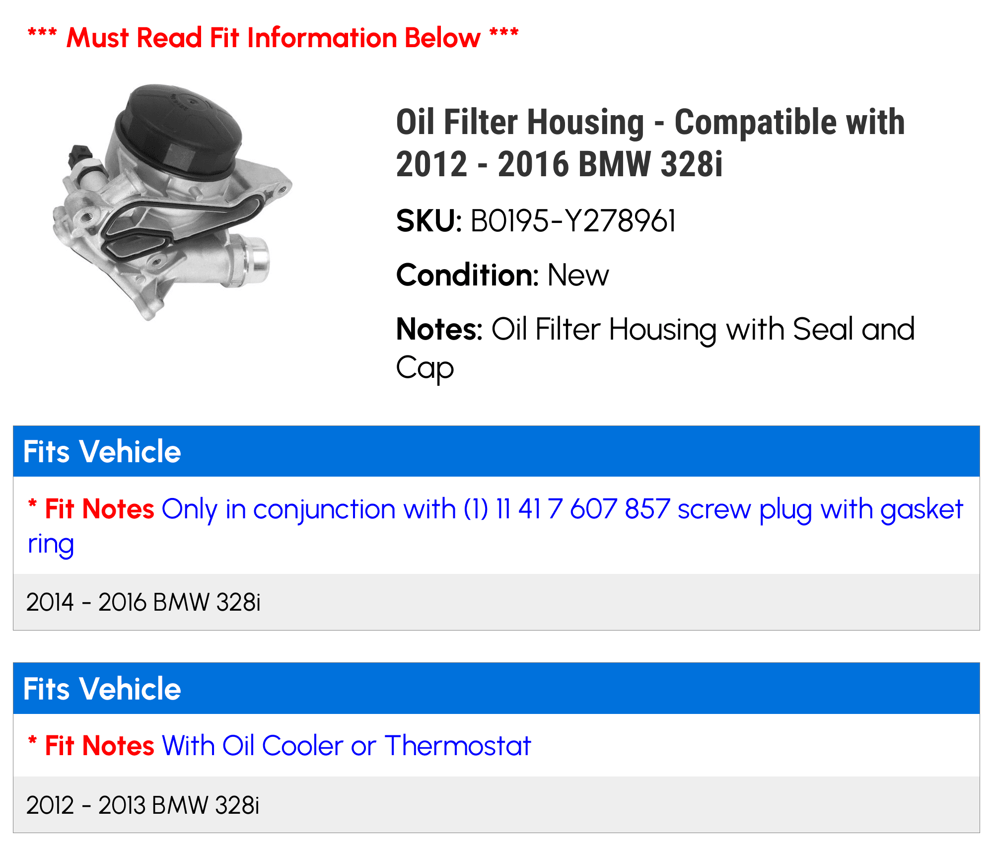 Oil Filter Housing - Compatible with 2012 - 2016 BMW 328i 2013 2014 2015