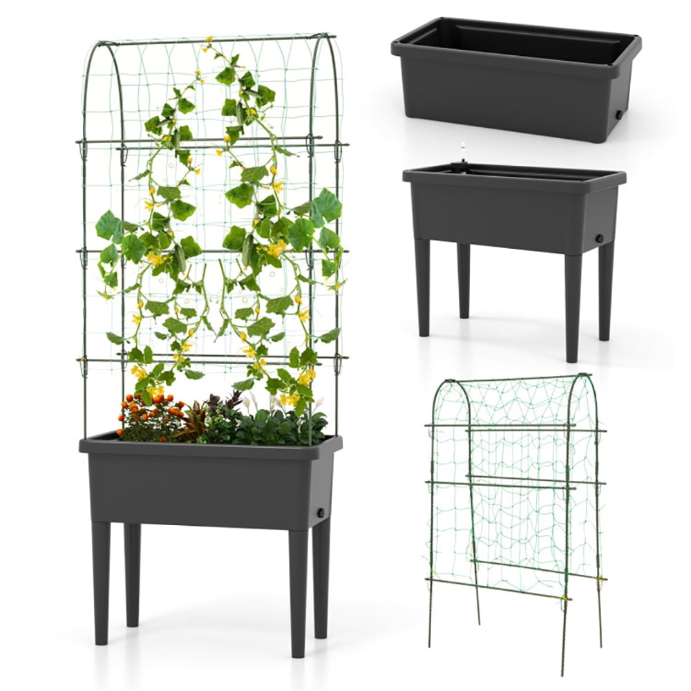 Yardi Yard Self-watering Raised Garden Bed Elevated Planter with Climbing Trellis-Black, Raised Garden Bed for Patio or Yard Gardening