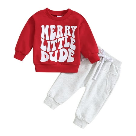 

Kids Toddler Boy Outfits Comfy Baby Clothing Sets Long Sleeve Christmas Letter Prints Tops And Pants Child 2Pcs Fall Winter E Casual Playwear Suits Red 12-18 Months