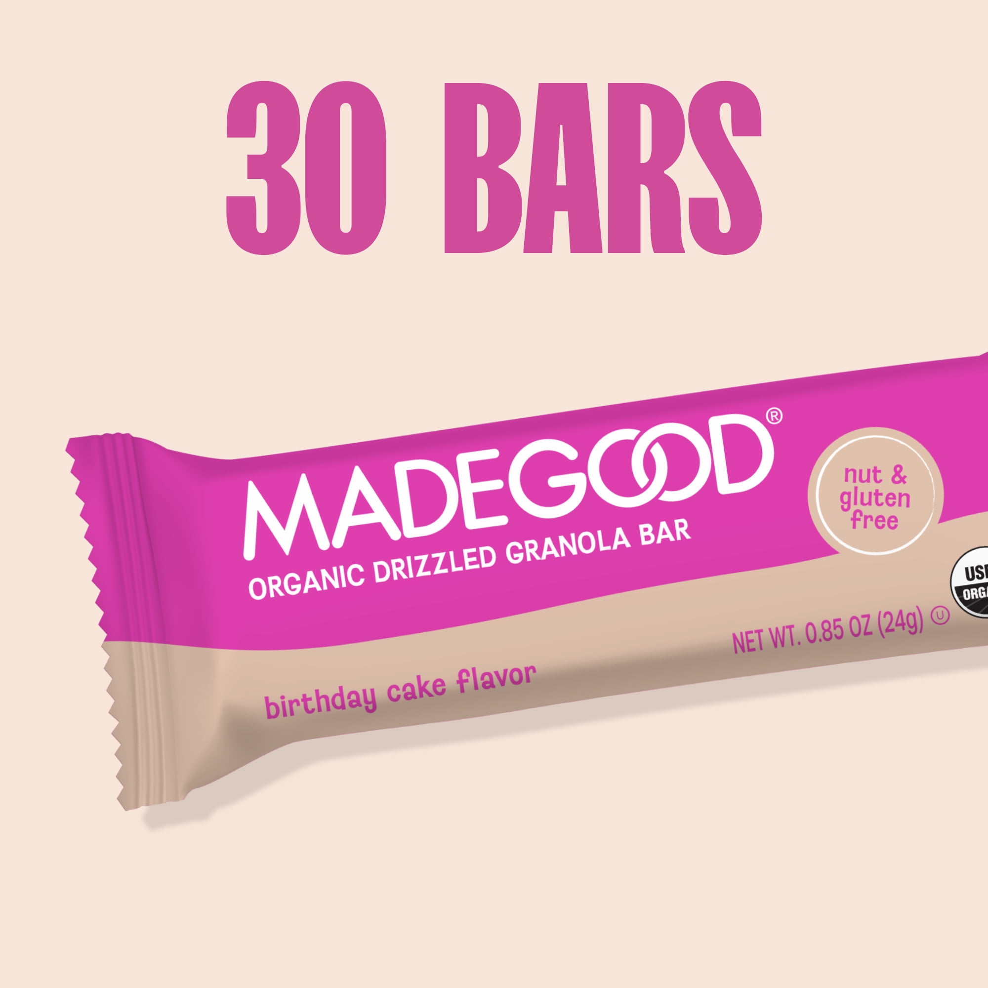 MadeGood Chocolate Drizzle Birthday Cake Granola Bars, 30 Healthy Snack Bars, 0.78 oz