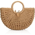 thumbnail image 1 of Sacs Hobo en Paille pour Femmes Sac à Main Rond de Plage Grand Sac Tissé Sac à Main de Vacances Kaki, 1 of 8