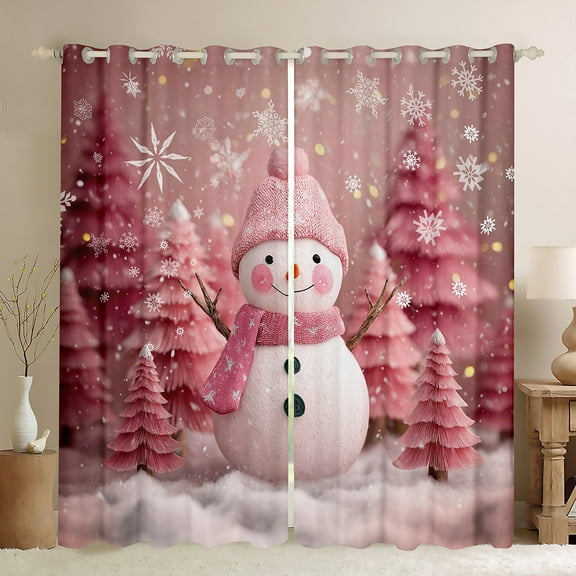 Homewish Girls Kawaii Snowman Black Out Curtains, Cute Pink Curtains Pack of 2 (42x63 Each), Merry Xmas Tree Bedroom Curtains, Luxurious Home Decor