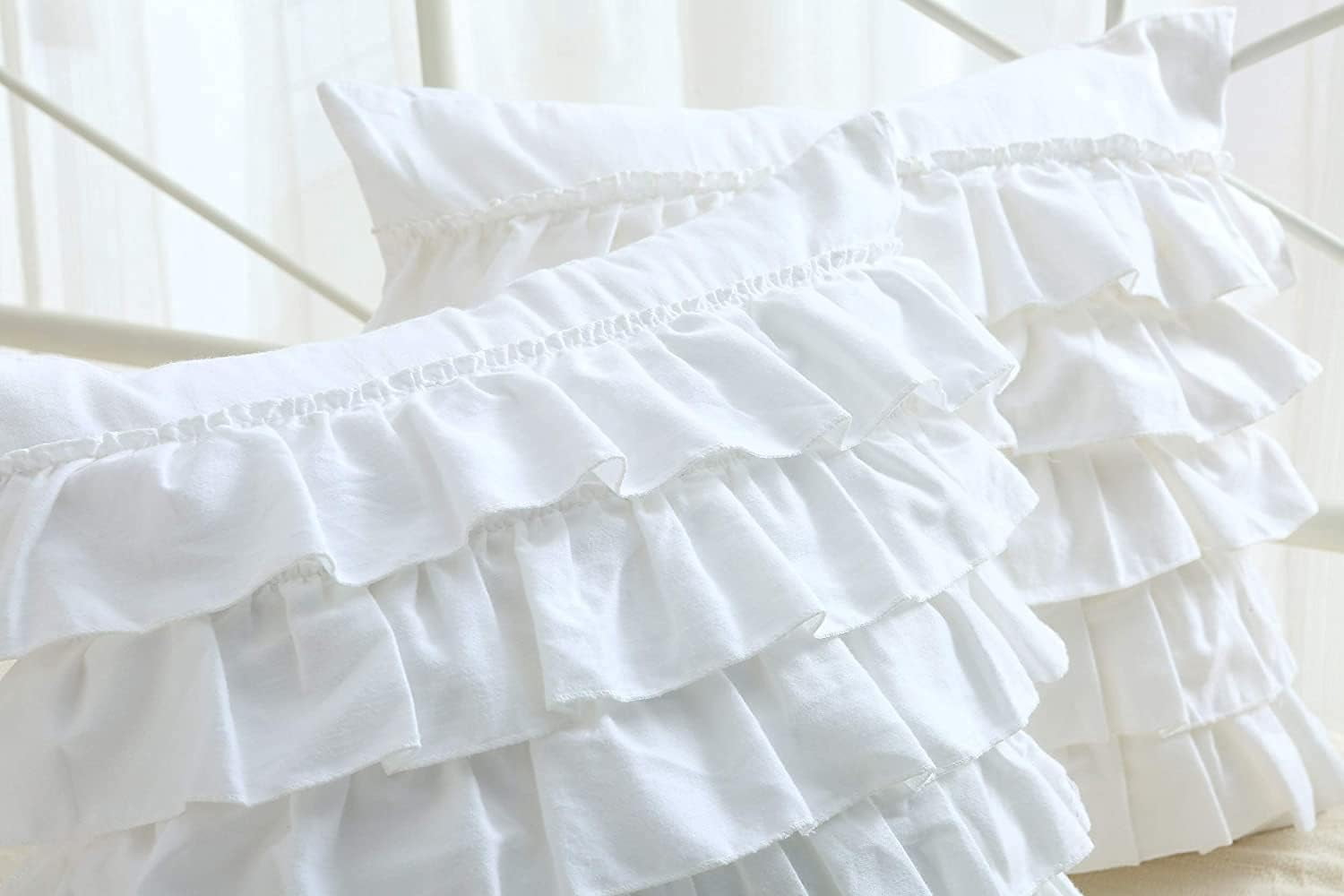2-Pack Bright White Throw Pillow Covers with Waterfall Ruffles 5 Lays Cushion Cases Egypt Cotton 18"X18"Soft Boudoir