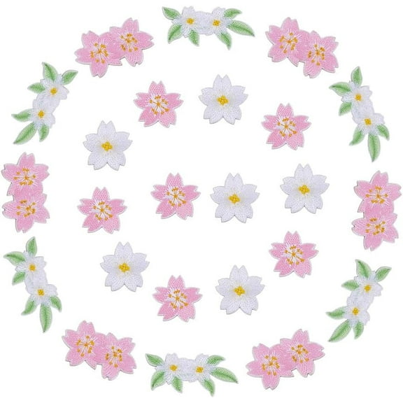 24Pcs 4 Styles Cherry Embroidered Patches Cherry Blossom Iron on Patches Pink White Floral Patch Sew on Repair Applique Patch for DIY Clothes Jeans Hats Backpacks Bag Vests