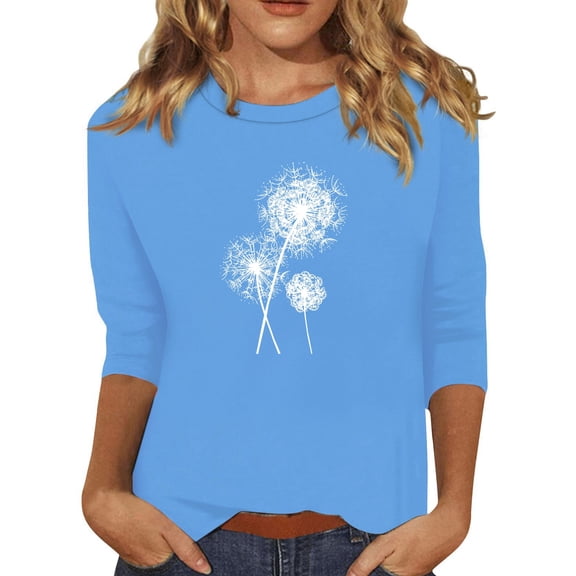 EHTMSAK 3/4 Sleeve Shirts for Women Cotton Solid Color Dandelion Printed Elbow Length Crewneck Shirts Fashion 2024 Trendy Blouses Casual Plus Size Loose Fit Tee Tops Blue 2XL