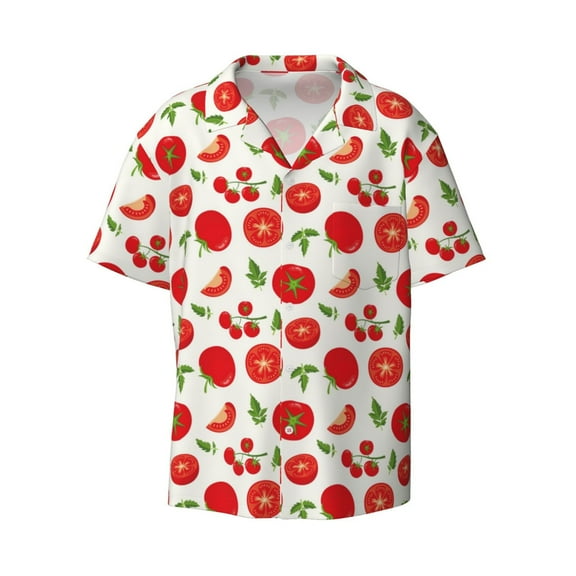 Ratiio Fresh Red Tomato Print Mens Casual Short Sleeve Shirts Button Down Textured Shirts Summer Beach Shirt with Pocket Men's Casual Short-sleeved Shirt