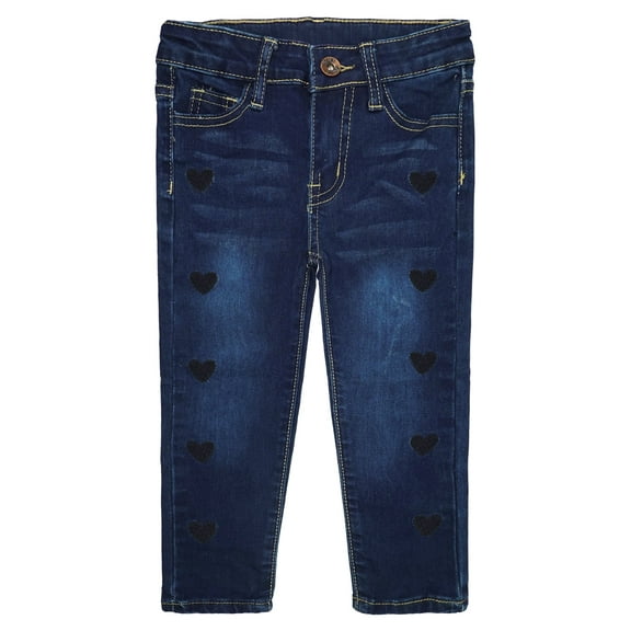 KIDSCOOL SPACE Little Girls Jeans,Elastic Band Inside Embroidered Heart Both Sides Stretchy Soft Denim Slim Pants,LightBlue,5-6 Years