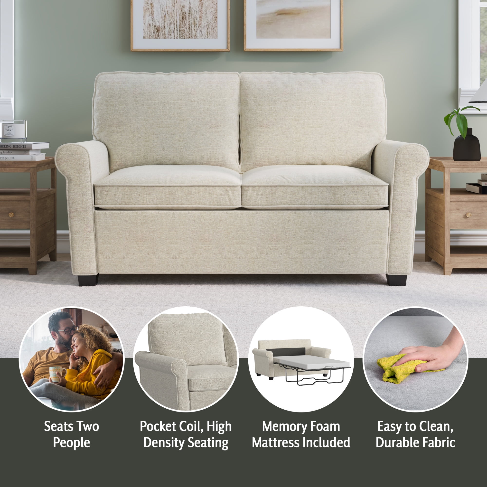 Mainstays Tatum Twin Sleeper 56.25" Loveseat, Beige