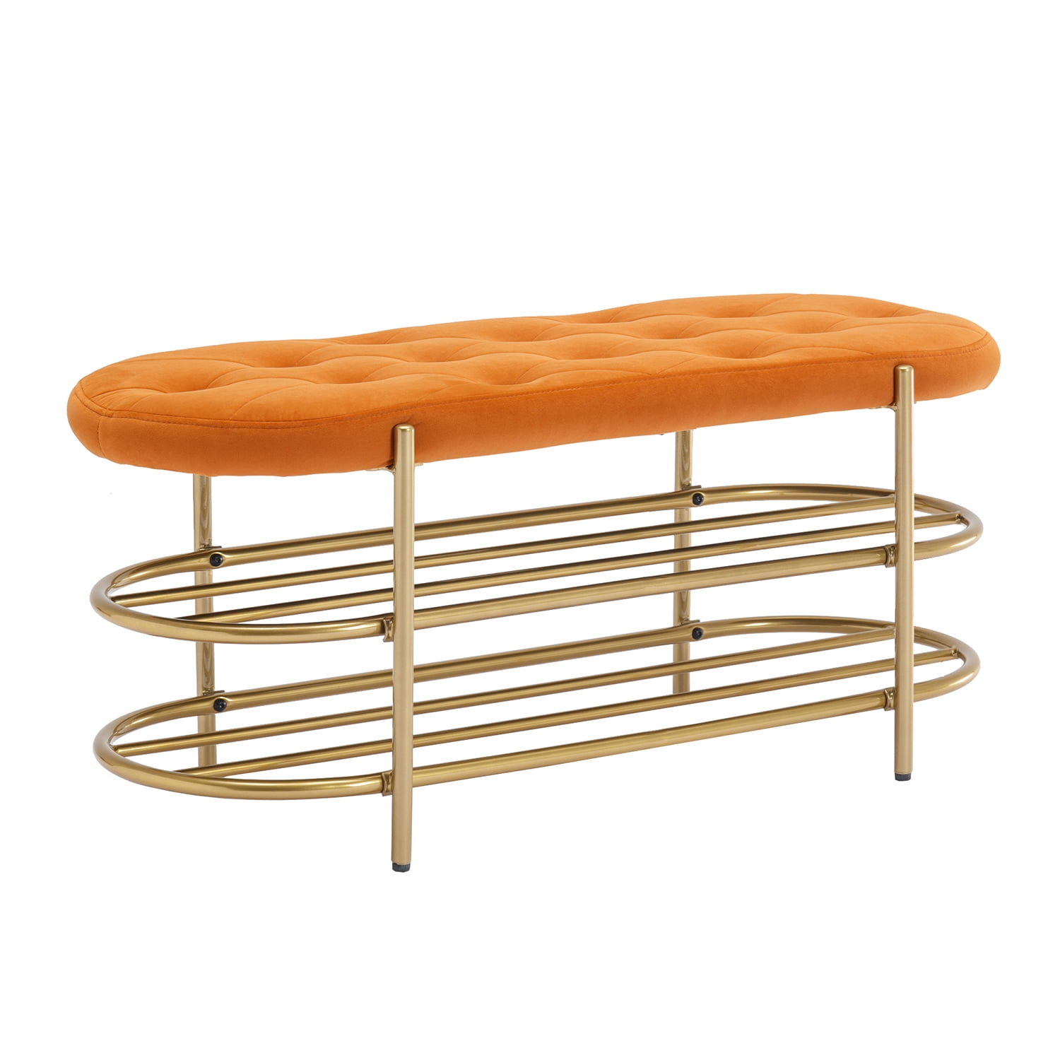 Kadyn Upholstered Velvet Beach, End of Bed Bench with 2 Shelf, Storage Beach for Living Room, Entrance, Orange