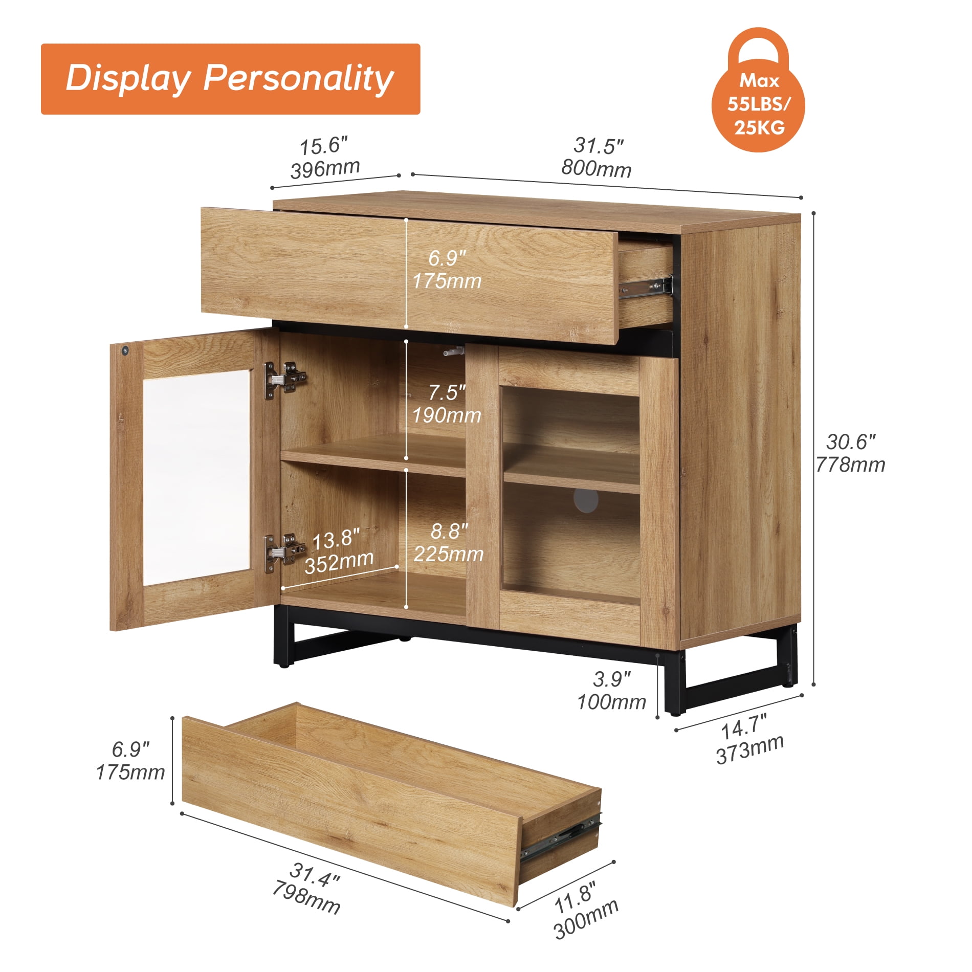 WAMPAT Modern Sideboard Buffet Cabinet with Glass Door & 1 Drawer, Adjustable Shelf Credenza, Coffee Bar Storage Cabinet for Living Room & Kitchen