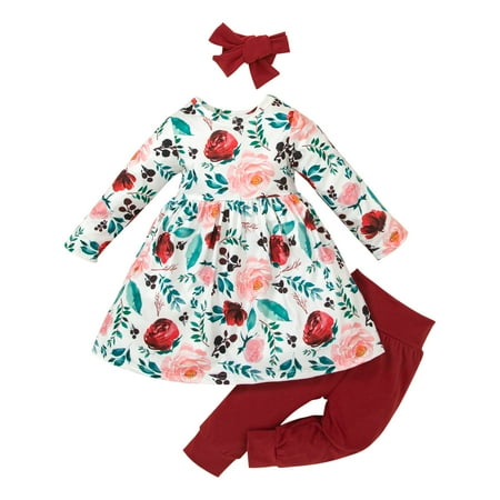 

REORIAFEE Infant Toddler Baby Girl Clothes Spring Autumn Infant Toddler Baby Girls Casual Bow Long Sleeve Floral Top Solid Color Trousers Three Piece Set Wine 9-12 Months