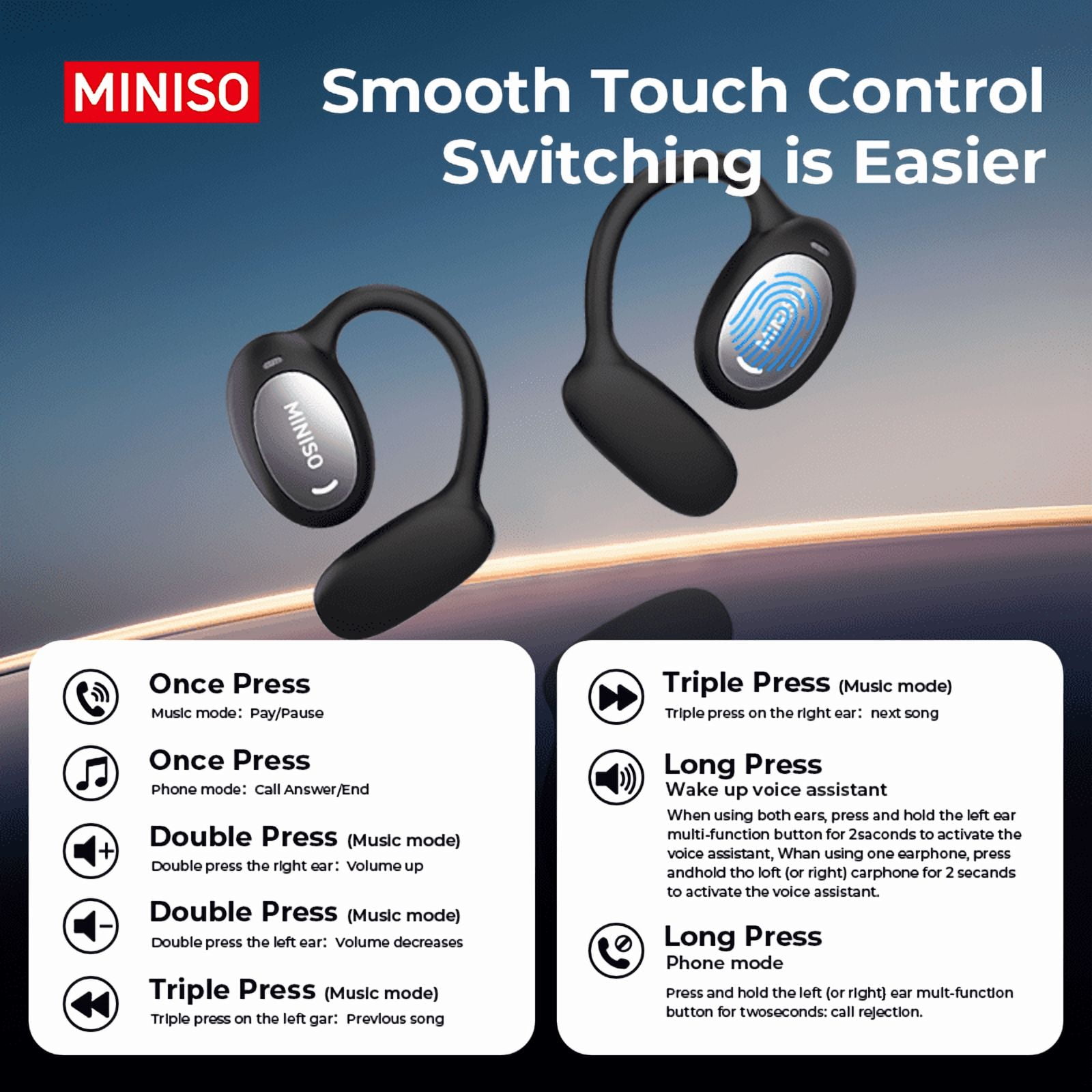 MINISO MS181 Bluetooth 6.0 Wireless Open-Ear Headphones - AI Translator, Noise-Cancelling Earbuds, 133+ Languages, IPX5 Waterproof, Black + Earbud Case