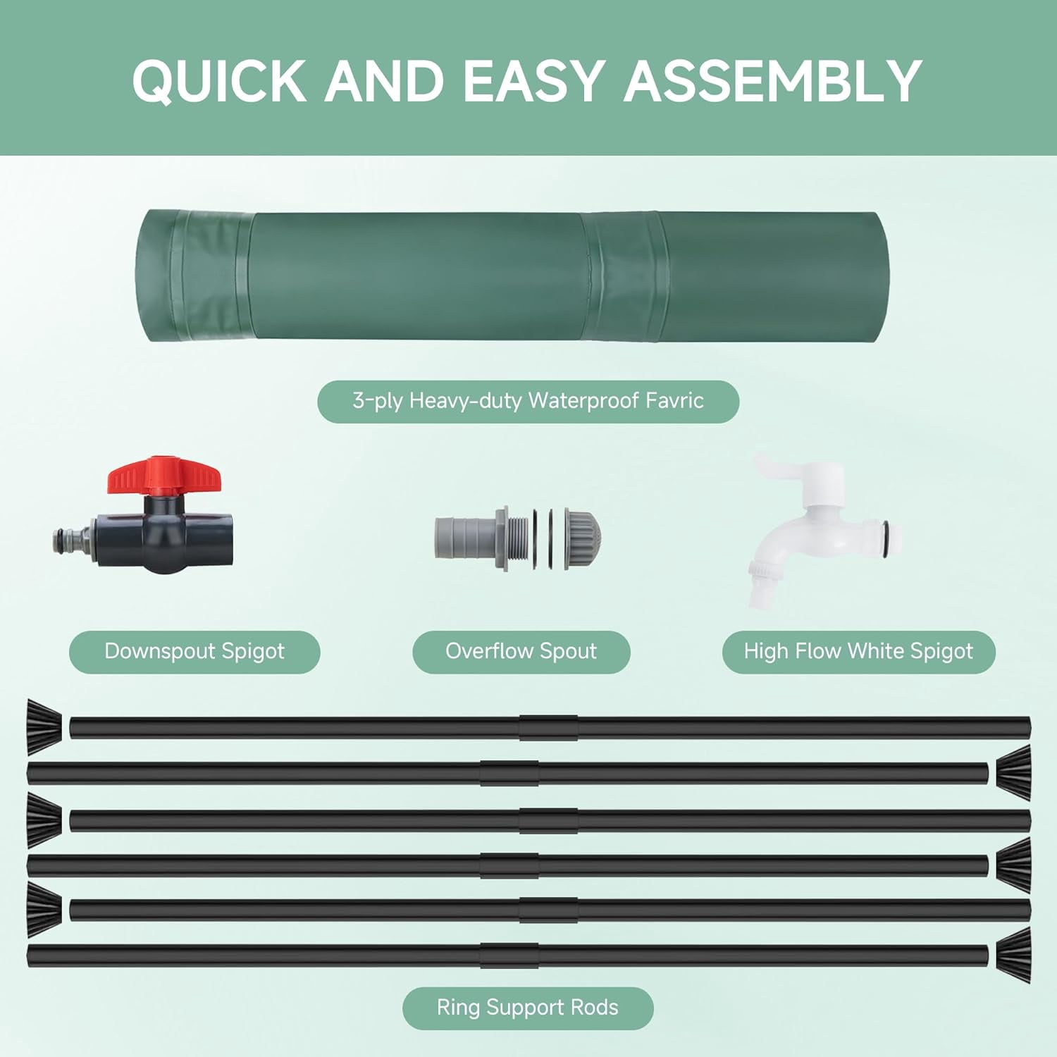 Collapsible 53 Gallon Rain  Water Storage Container with Spigots, Filter & Overflow Kit - Leak-Proof &