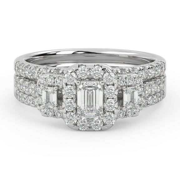 AFFY Three Stone Halo Bridal Set Rings for Women, 1.15 Carat (ctw) Emerald And Round Cut Lab Grown Diamond Engagement Wedding Ring 14K White Gold Over 925 Sterling Silver F-G-H, SI Quality Size-4