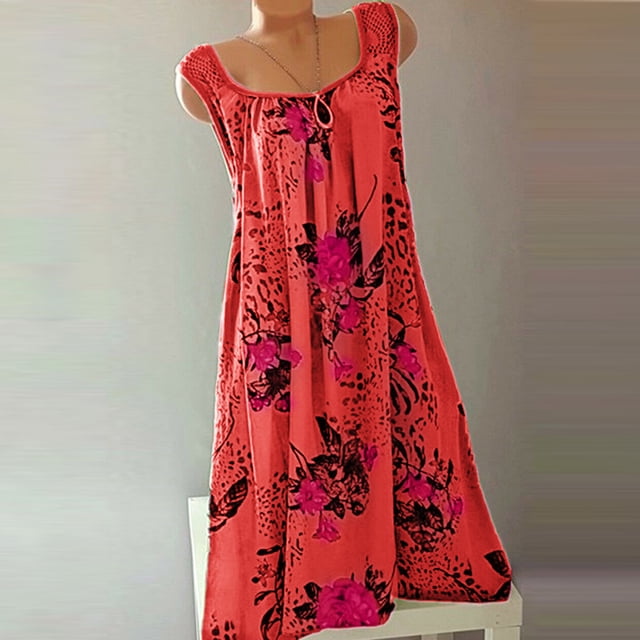 SMihono Robe d'Été pour Femmes Grande Taille Mode Féminine Imprimée Aguichant Sans Manches en Dentelle