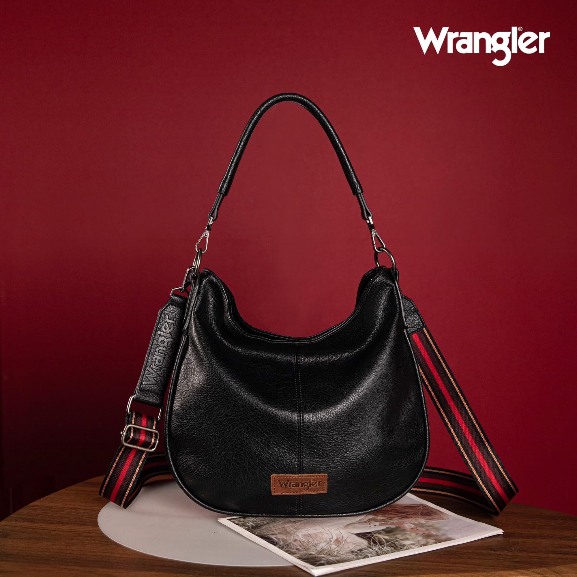 Wrangler Hobo Bags Large Crossbody Bags for Women Shoulder Purses with Striped Cotton Straps, Black