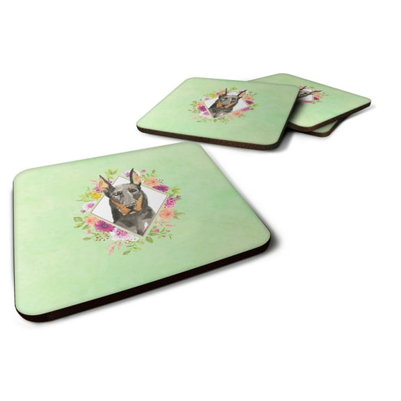 Carolines Treasures CK4401FC Doberman Pinsher Green Flowers Foam Coaster Set of 4 3 1/2 x 3 1/2 multicolor