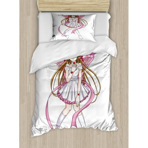 Anime Twin Size Duvet Cover Set, Cartoon Illustration of a Pixie Character with Hearts and Wings Fantastic Fairy Angel, Decorative 2 Piece Bedding Set with 1 Pillow Sham, Multicolor, by Ambesonne