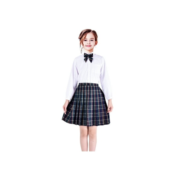 3 Pieces School Uniform Girls White Shirt Skirt Collar Bow Tie 9-10 Years
