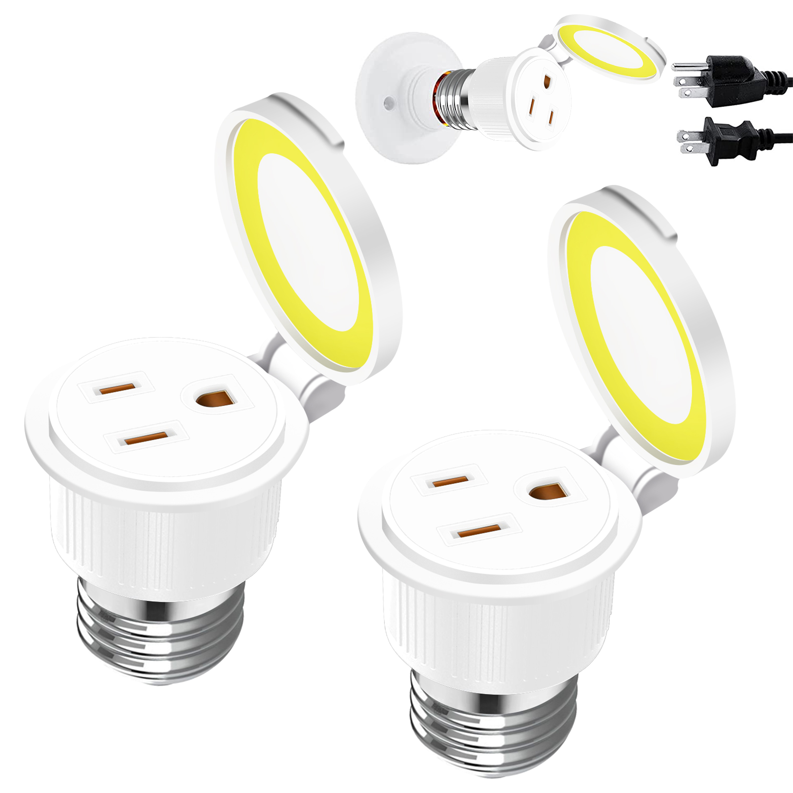 2 Pack 3 Prong Light Socket to Plug Adapter, E26/E27 Waterproof Light