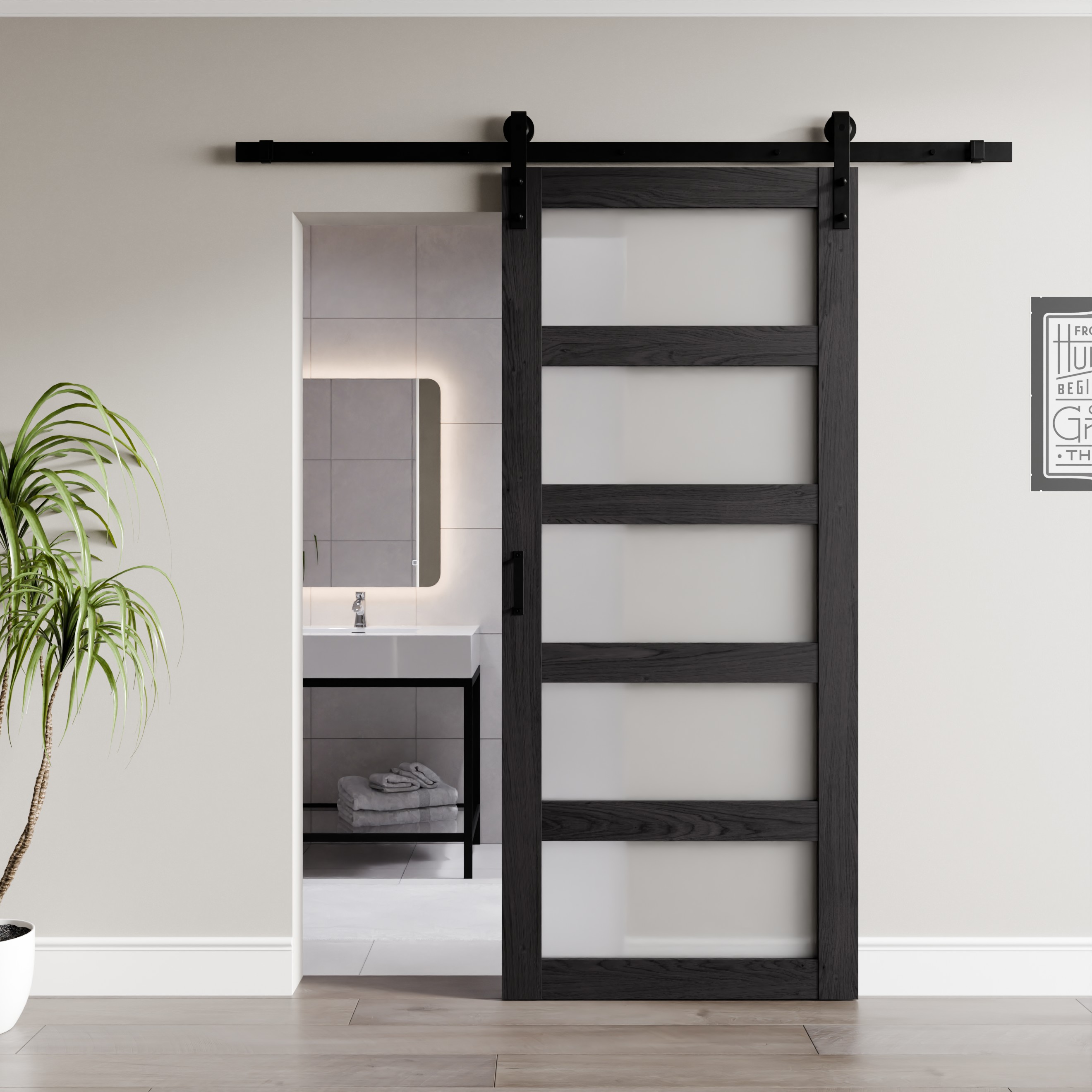 ANZZI 5 Vision Glass Sliding Door - Durable MDF/PVC Construction with Hardware Kit - Double Frosted Glass Panels and Secure Packaging - Ideal for Modern Homes (Light Brown)